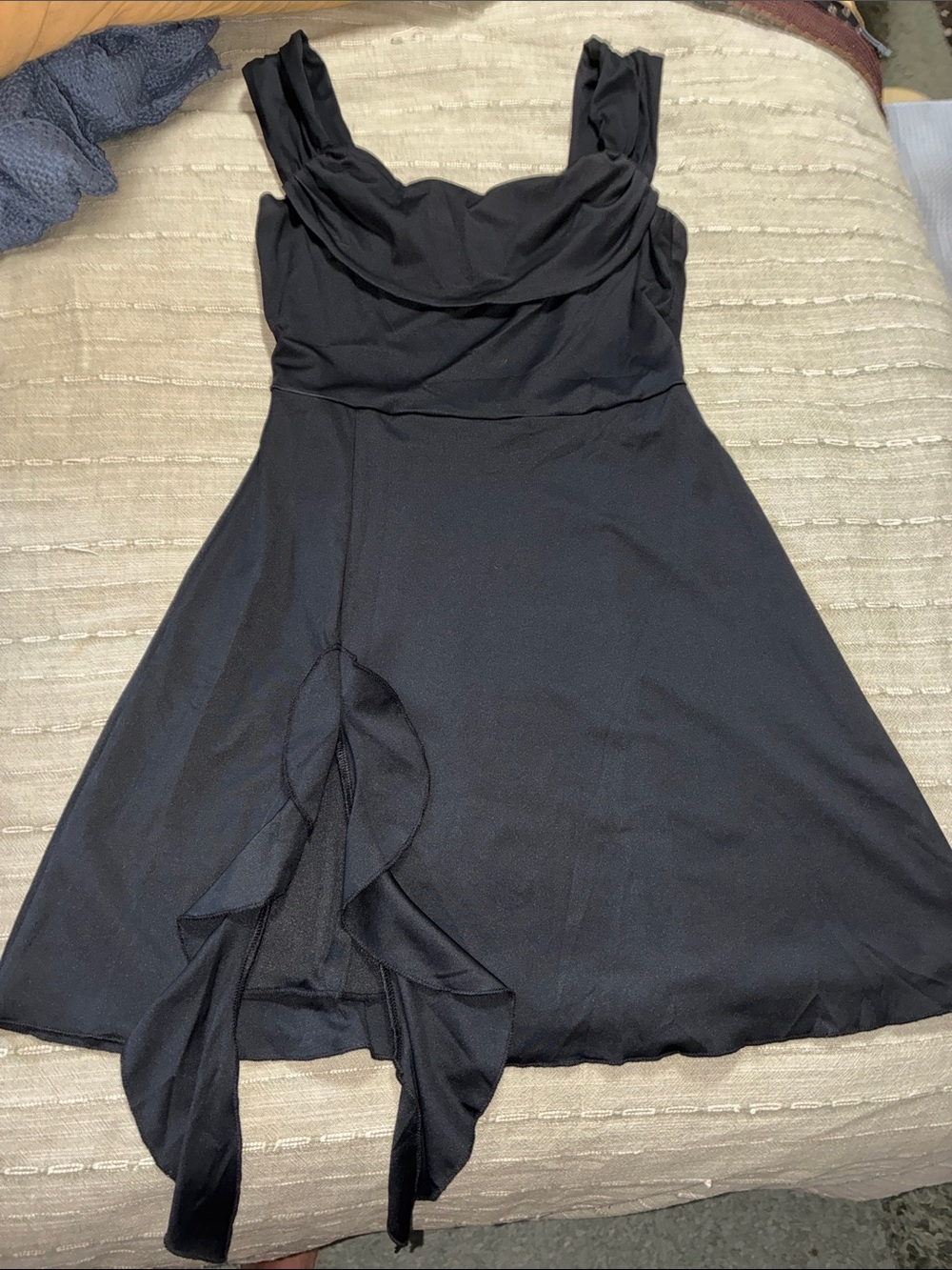 Black Sleeveless Draped Neck Mini Dress with Ruffle Detail
